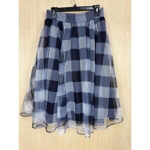 New York & Company Skirt Womens Medium Blue Check Pleated Chiffon A-Line Midi